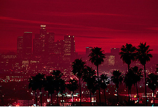 城市天际线,黄昏,洛杉矶,加利福尼亚,美国