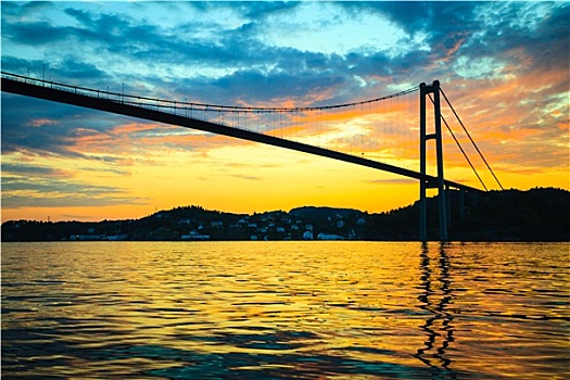 日落,上方,吊桥,卑尔根,挪威