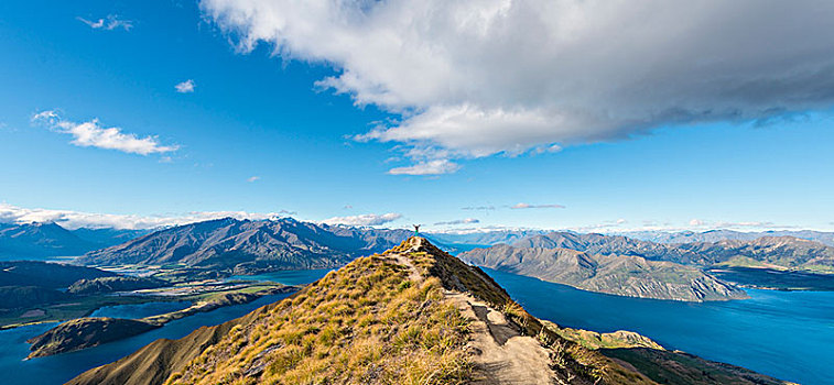 风景,山,湖,女人,站立,上面,顶峰,瓦纳卡湖,南阿尔卑斯山,奥塔哥地区,南部地区,新西兰,大洋洲