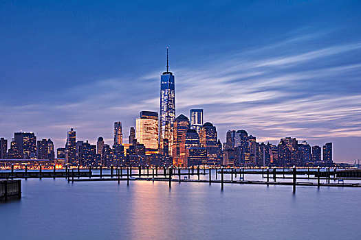 城市天际线,光亮,黎明,一个,世界贸易中心,下曼哈顿,纽约,美国
