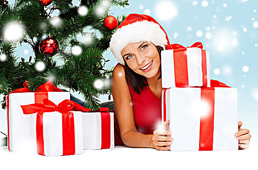 圣诞节,圣诞,冬天,高兴,概念,微笑,女人,圣诞老人,帽子,许多,礼盒,树