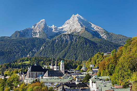 风景,上方,教区教堂,皇家,城堡,瓦茨曼山,巴伐利亚,上巴伐利亚,德国,欧洲