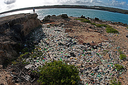 俯视,海滩,塑料制品,垃圾,海洋,荷属安的列斯