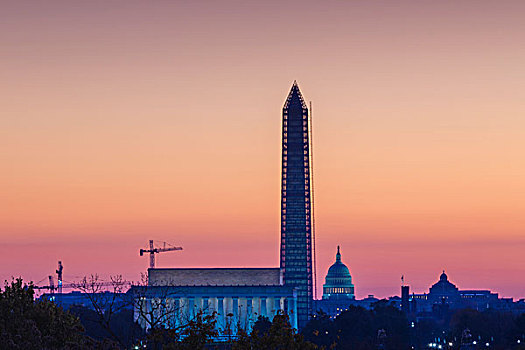 美国,华盛顿特区,林肯纪念堂,华盛顿纪念碑,首都,黎明