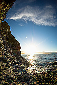 阳光,反射,水,海岸,新西兰