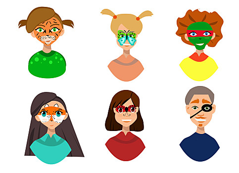 动物,英雄,矢量,插画矢量,插画,儿童,脸部彩绘,卡通,多样儿童,脸,绘画