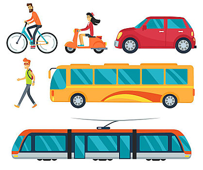 不同,运输,矢量,插画,象征,走,男孩,骑自行车,男人,汽车,巴士,列车,女人,摩托车,隔绝,白色背景