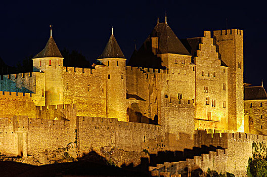 卡尔卡松尼,中世纪,牢固,城镇,夜晚,朗格多克-鲁西永大区,法国,欧洲