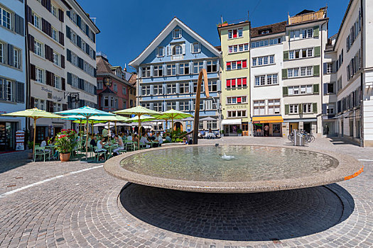 广场,喷泉,彩色,建筑,咖啡,餐馆,老城,苏黎世,城市,瑞士