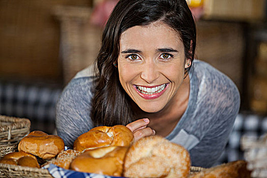 微笑,女人,看,面包,台案,市场