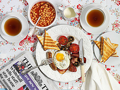英式早餐,熏肉,煎鸡蛋,吐司,锔豆,茶杯