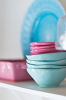 一堆,粉色,淡蓝色,陶瓷,碗