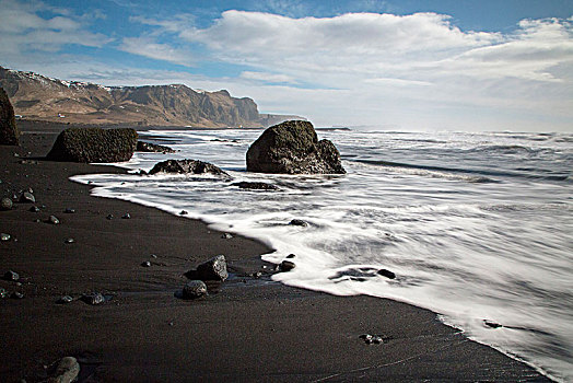 冰岛,南方,海岸,黑色,海滩,石头,白色,泡沫,蓝天