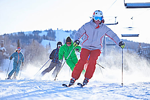 男性,女性,滑雪,积雪,滑雪坡,白杨,科罗拉多,美国