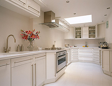 现代,白色,厨房,一体式烤炉,水槽,天窗