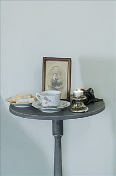 茶,饼干,照片,夜灯,圆,桌子