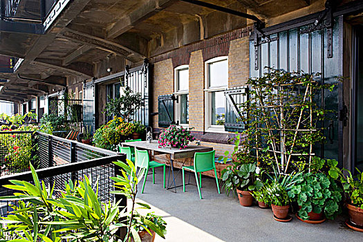 茂密,绿色植物,城市,露台,多样,种植器皿,休息区