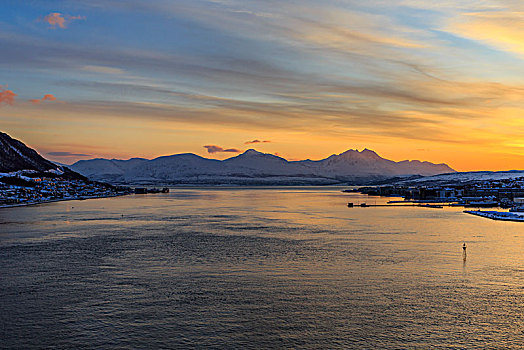 冬天,日落,特罗姆斯,挪威,欧洲