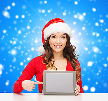 圣诞节,休假,科技,人,概念,微笑,女人,圣诞老人,帽子,平板电脑,电脑,上方,蓝色,雪,背景