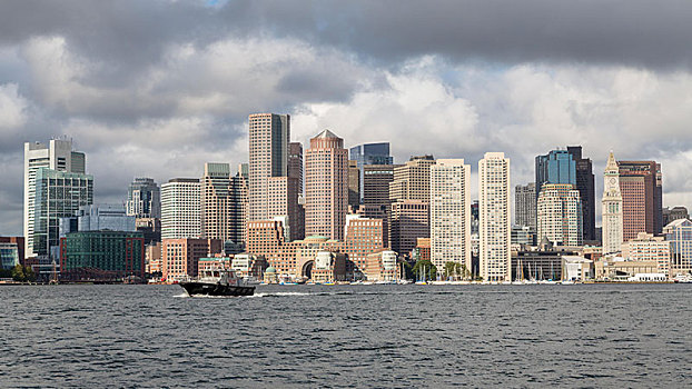 风景,天际线,波士顿,摩天大楼,正面,摩托艇,水道,马萨诸塞,美国,北美
