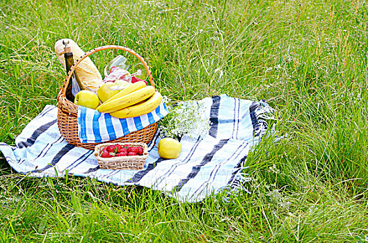 野餐篮,水果,葡萄酒,面包,草地,草莓,旁白