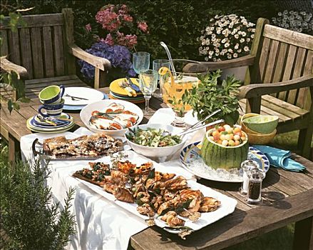 烧烤,花园,桌子,肉,餐具
