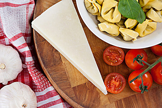 意大利面,奶酪,西红柿,蒜,餐巾,布,特写