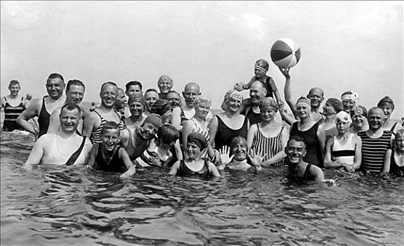 历史,照片,游泳者,沙滩球