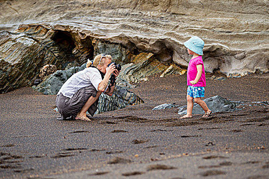 母亲,照相,女儿,海滩