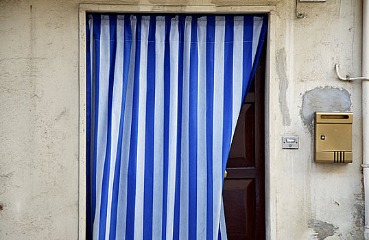 白色,蓝色,条纹,帘,遮盖,门