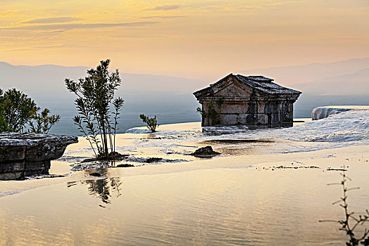 墓地,淹没,凝灰石,水池,希拉波里斯,棉花堡,土耳其