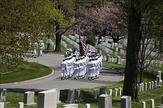 海军,军人,行进,美国国旗,墓地,阿灵顿国家公墓,阿灵顿,弗吉尼亚,美国