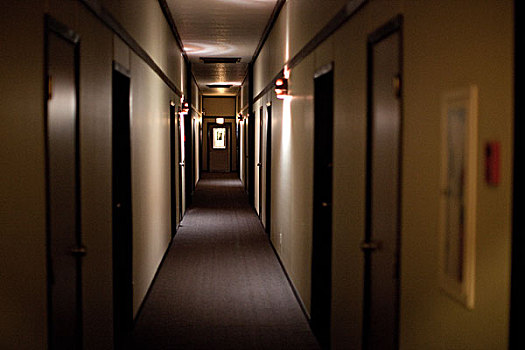 狭窄,照亮,酒店,走廊