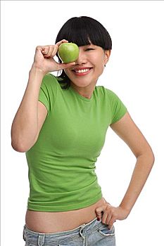 女青年,绿色,t恤,青苹果
