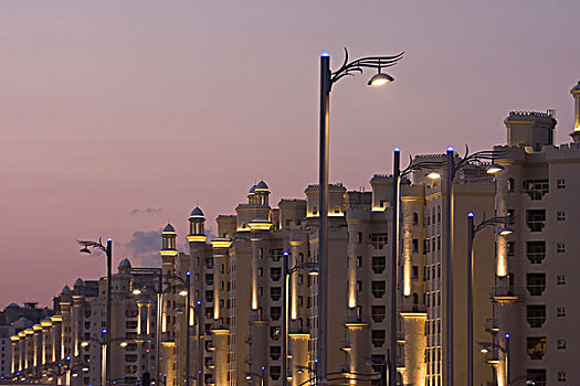 阿联酋,迪拜,手掌,公寓楼,光亮,日落