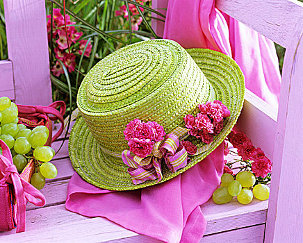 绿色,草帽,玫瑰,粉色,长椅,葡萄