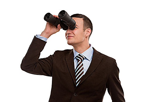 特写,年轻,商务,男人,看穿,双筒望远镜,隔绝,白色背景,背景