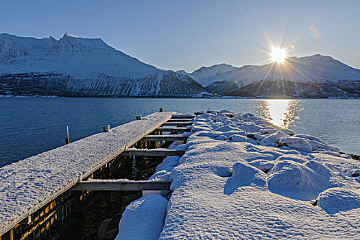 雪,码头,太阳,特罗姆斯,挪威