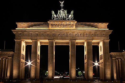 勃兰登堡门,夜晚,四马二轮战车,柏林,德国,欧洲