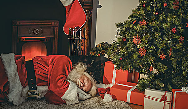 圣诞老人,打盹,地毯,靠近,圣诞树