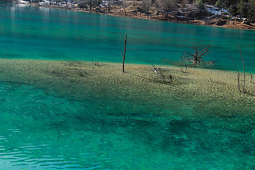 云南丽江月牙湖,透明蓝色色湖面树木