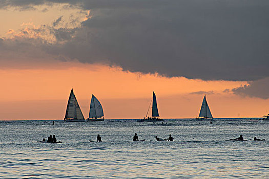 冲浪,海滩,帆船,背景,日落,怀基基海滩,檀香山,瓦胡岛,夏威夷,美国