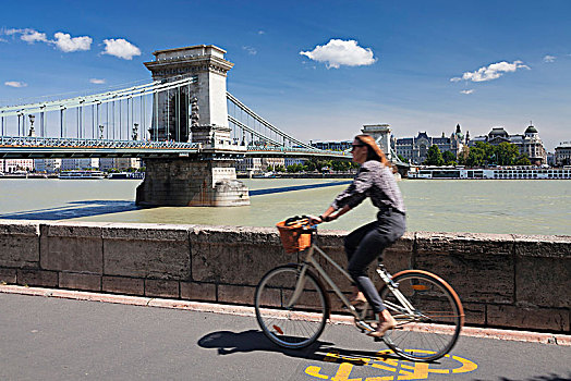 骑车,堤岸,多瑙河,链索桥,风景,害虫,布达佩斯,匈牙利,欧洲