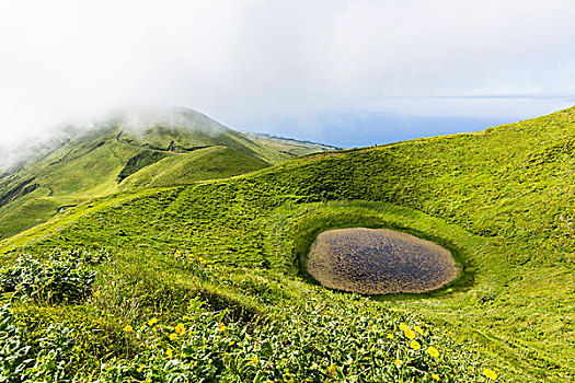 高地,小,火山湖,正面,火山,排列,大,岛屿,亚速尔群岛,葡萄牙