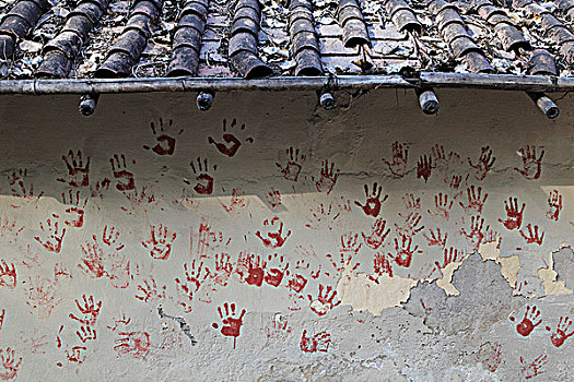 红色,手,印记,乡村,墙壁,新德里,印度