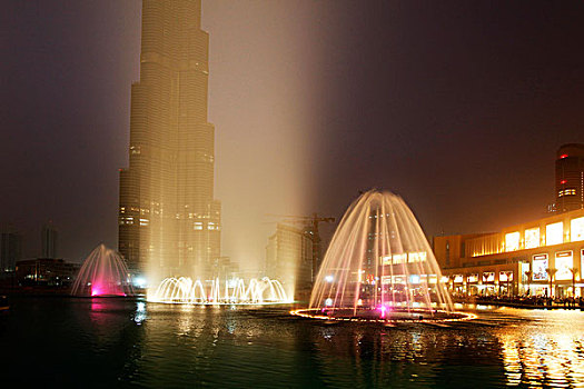 喷泉,湖,迪拜,晚间,展示,市区,阿联酋,中东