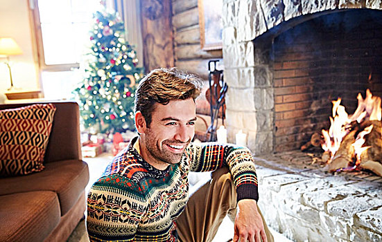男人,温暖,毛衣,享受,壁炉