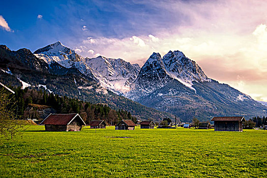 小屋,地点,巴伐利亚阿尔卑斯山,雪,日落