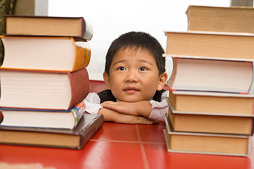 趴在两摞书中间的小男孩看着镜头