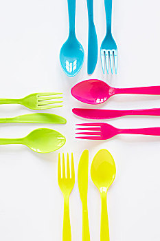 静物,彩色的,塑料餐具,奠定了,集